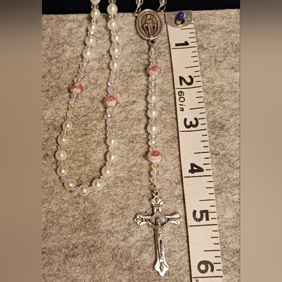 Beaded Rosary Necklace with Glass white pearls, clear crystals & pink rose beads - Picture 6 of 6